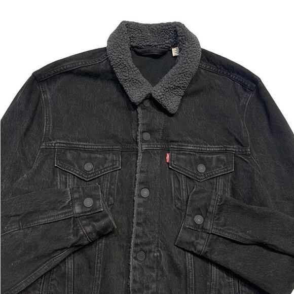 Levis Jeans Sherpa Collar Black Denim Rancher Coat Snap Button Western Jacket Sm - Picture 2 of 4